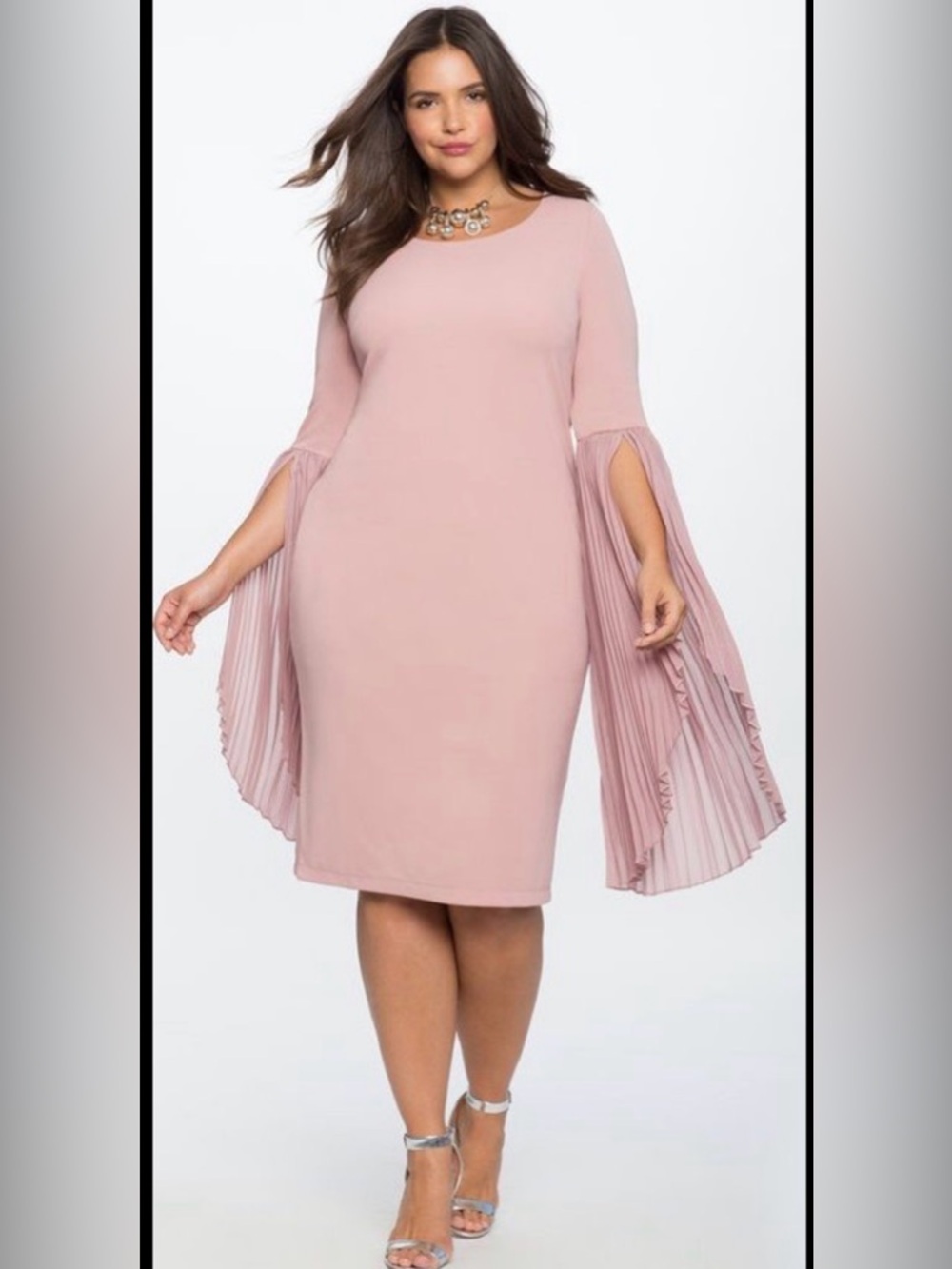 Eloquii Dusty Blush Pleated Cape-Sleeve Midi Sheath Dress Size 14